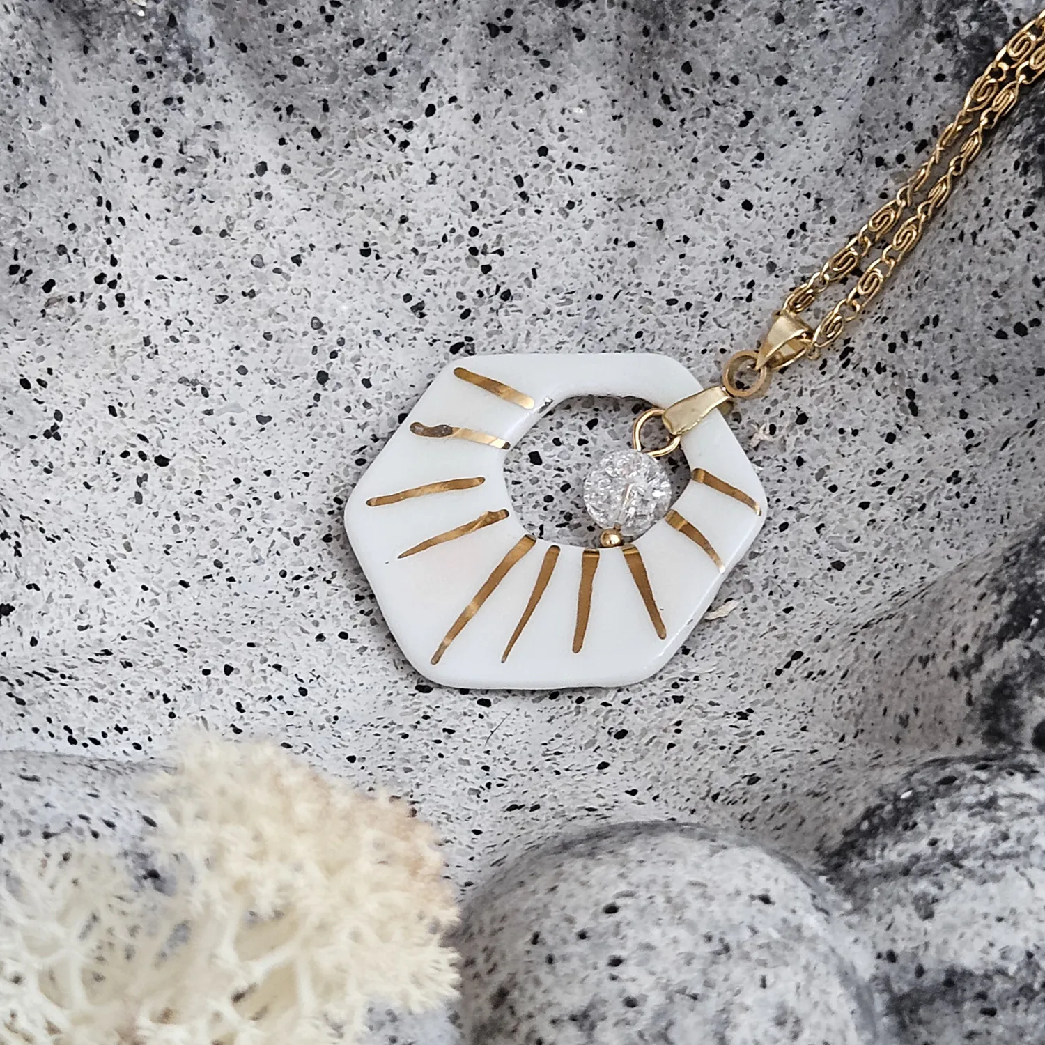 Two-sided pink fine ceramic porcelain designer necklace with ice crystal - hand-painted artisan geometric shell pattern with 22k gold plating - Image 2