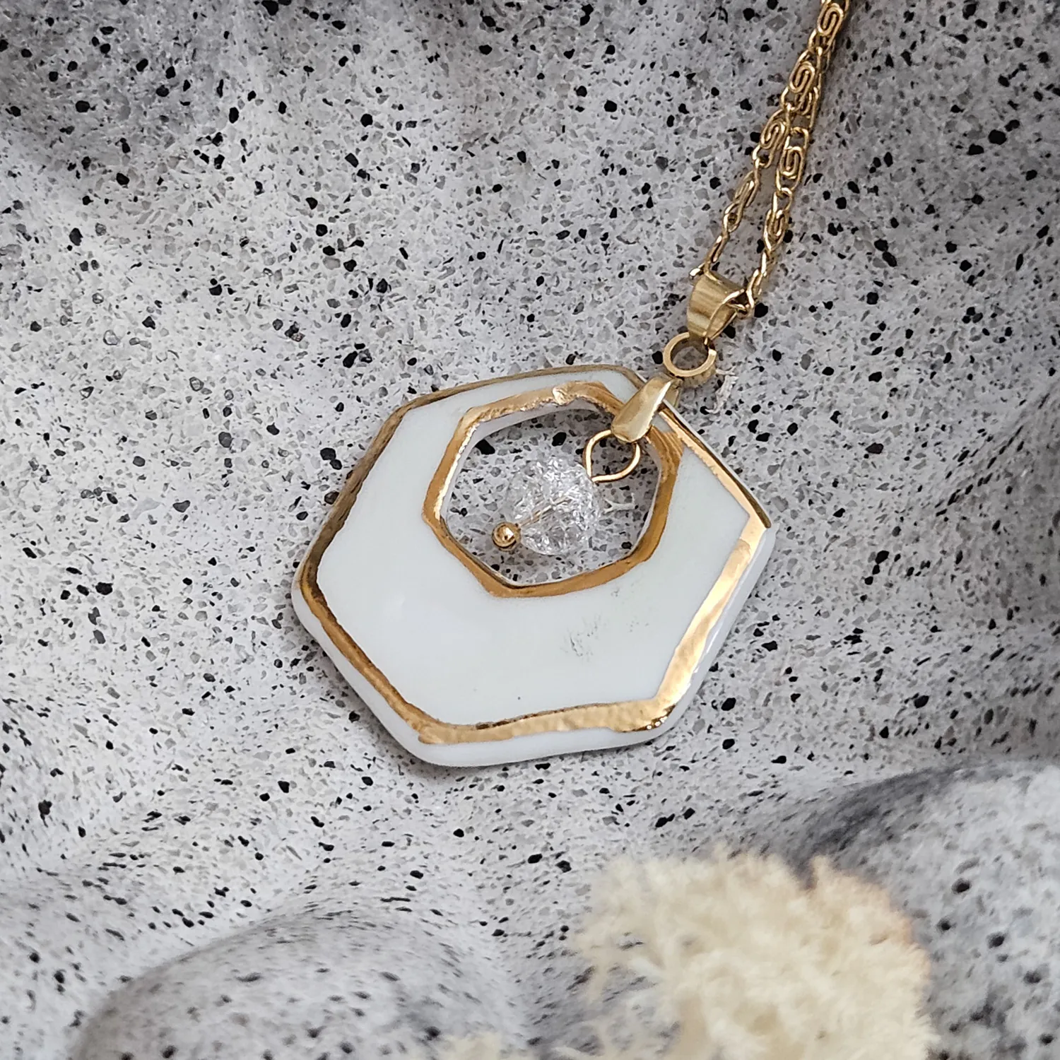 Two-sided pink fine ceramic porcelain designer necklace with ice crystal - hand-painted artisan geometric shell pattern with 22k gold plating - Image 3