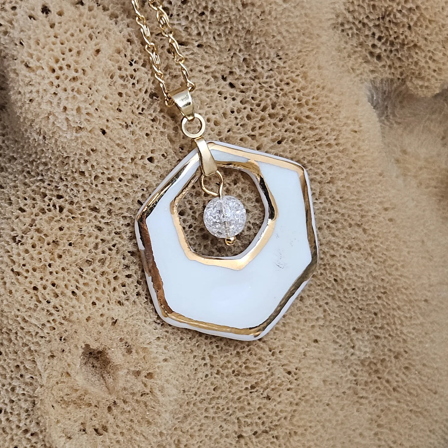 Two-sided pink fine ceramic porcelain designer necklace with ice crystal - hand-painted artisan geometric shell pattern with 22k gold plating - Image 4