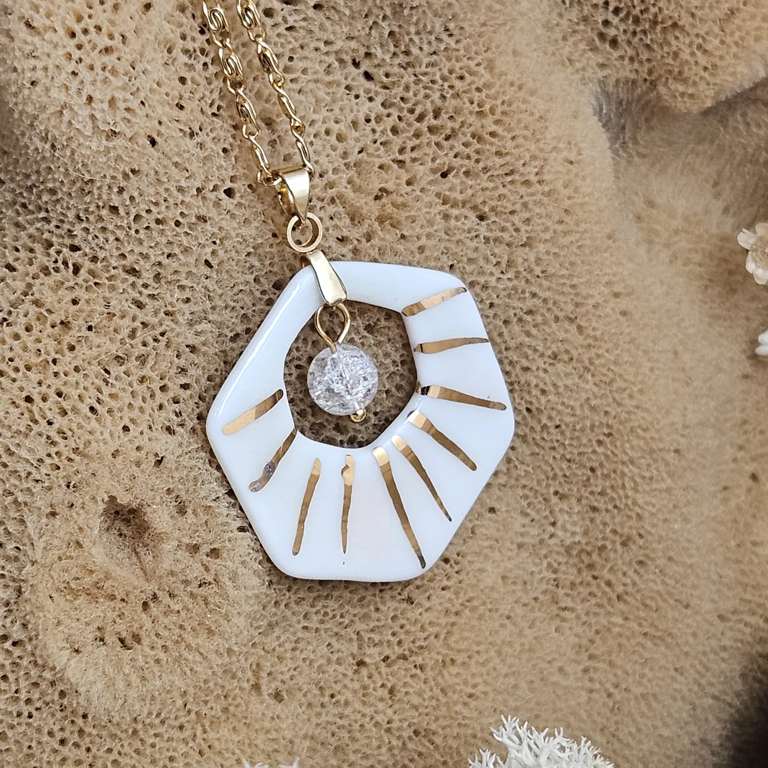 Two-sided pink fine ceramic porcelain designer necklace with ice crystal - hand-painted artisan geometric shell pattern with 22k gold plating - Image 5