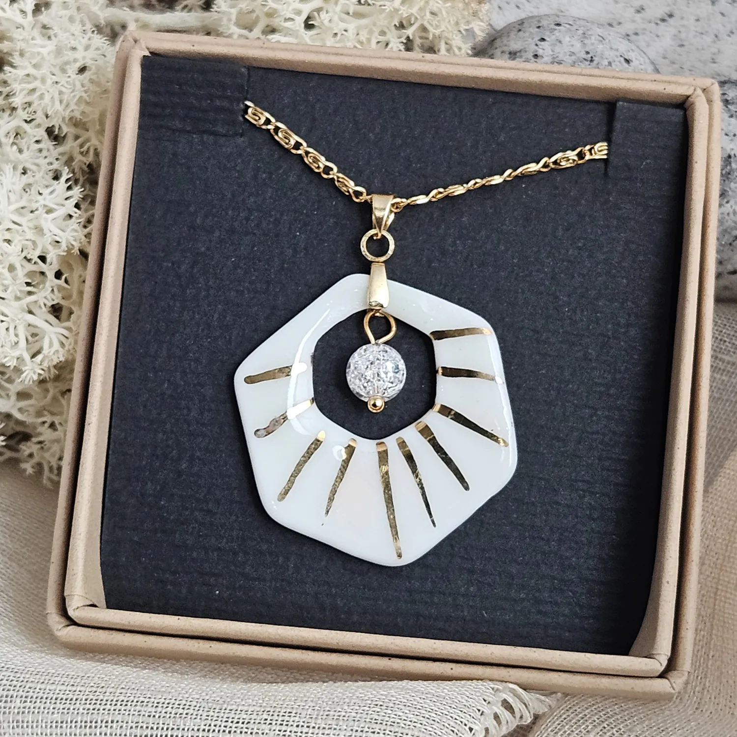 Two-sided pink fine ceramic porcelain designer necklace with ice crystal - hand-painted artisan geometric shell pattern with 22k gold plating - Image 6