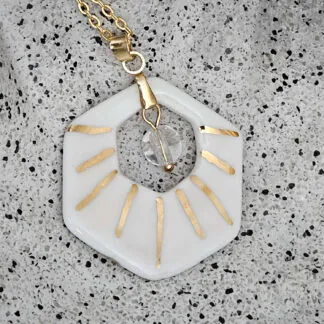 Two-sided pink fine ceramic porcelain designer necklace with ice crystal - hand-painted artisan geometric shell pattern with 22k gold plating