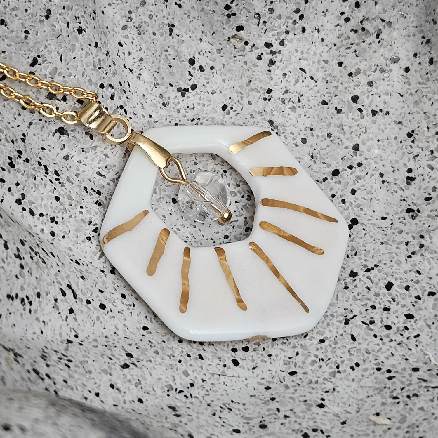 Two-sided pink fine ceramic porcelain designer necklace with ice crystal - hand-painted artisan geometric shell pattern with 22k gold plating - Image 2