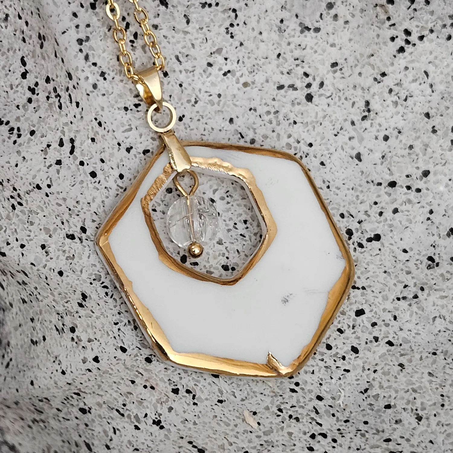 Two-sided pink fine ceramic porcelain designer necklace with ice crystal - hand-painted artisan geometric shell pattern with 22k gold plating - Image 3