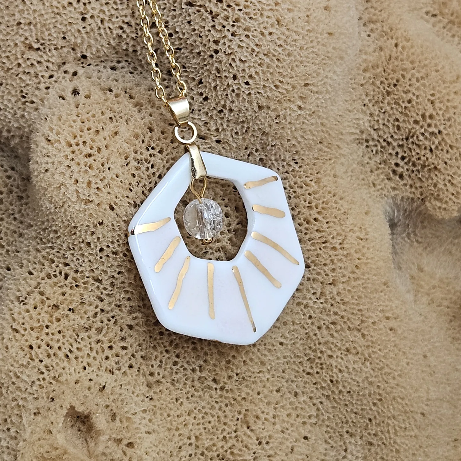 Two-sided pink fine ceramic porcelain designer necklace with ice crystal - hand-painted artisan geometric shell pattern with 22k gold plating - Image 4