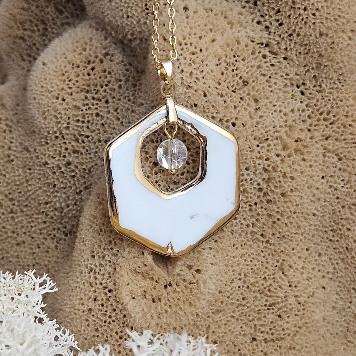 Two-sided pink fine ceramic porcelain designer necklace with ice crystal - hand-painted artisan geometric shell pattern with 22k gold plating - Image 6