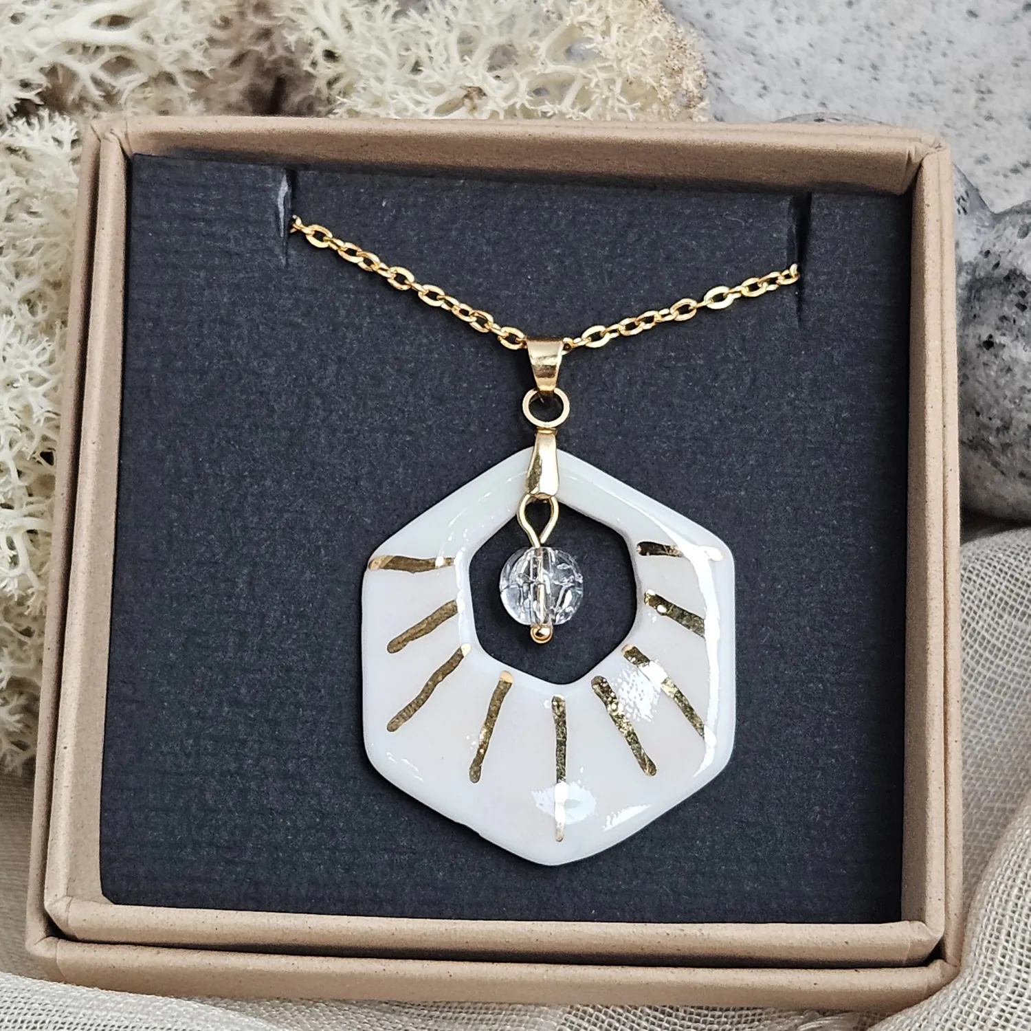 Two-sided pink fine ceramic porcelain designer necklace with ice crystal - hand-painted artisan geometric shell pattern with 22k gold plating - Image 7