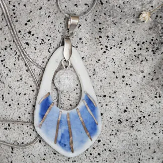 Two-sided blue fine ceramic porcelain designer necklace with ice crystal - hand-painted artisan geometric shell pattern with silver accents (white gold)