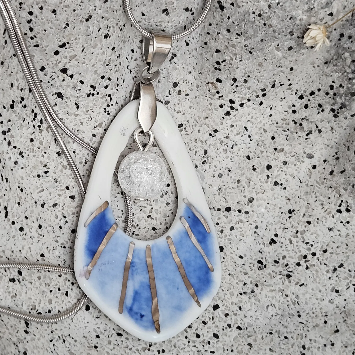 Two-sided blue fine ceramic porcelain designer necklace with ice crystal - hand-painted artisan geometric shell pattern with silver accents (white gold)