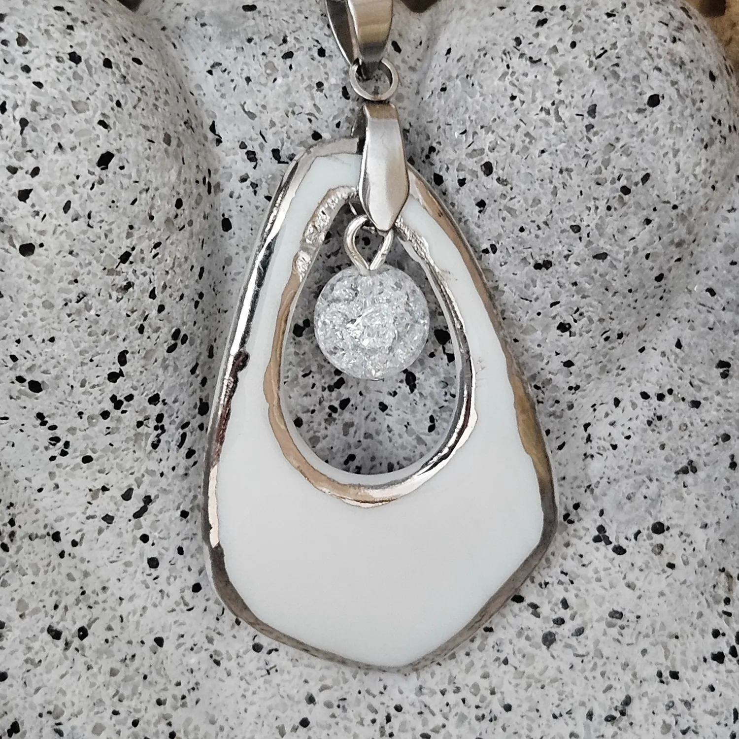 Two-sided blue fine ceramic porcelain designer necklace with ice crystal - hand-painted artisan geometric shell pattern with silver accents (white gold) - Image 3