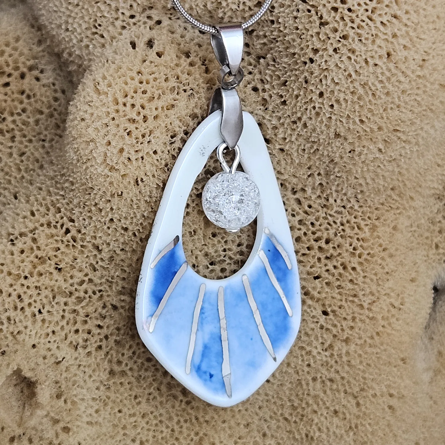 Two-sided blue fine ceramic porcelain designer necklace with ice crystal - hand-painted artisan geometric shell pattern with silver accents (white gold) - Image 4