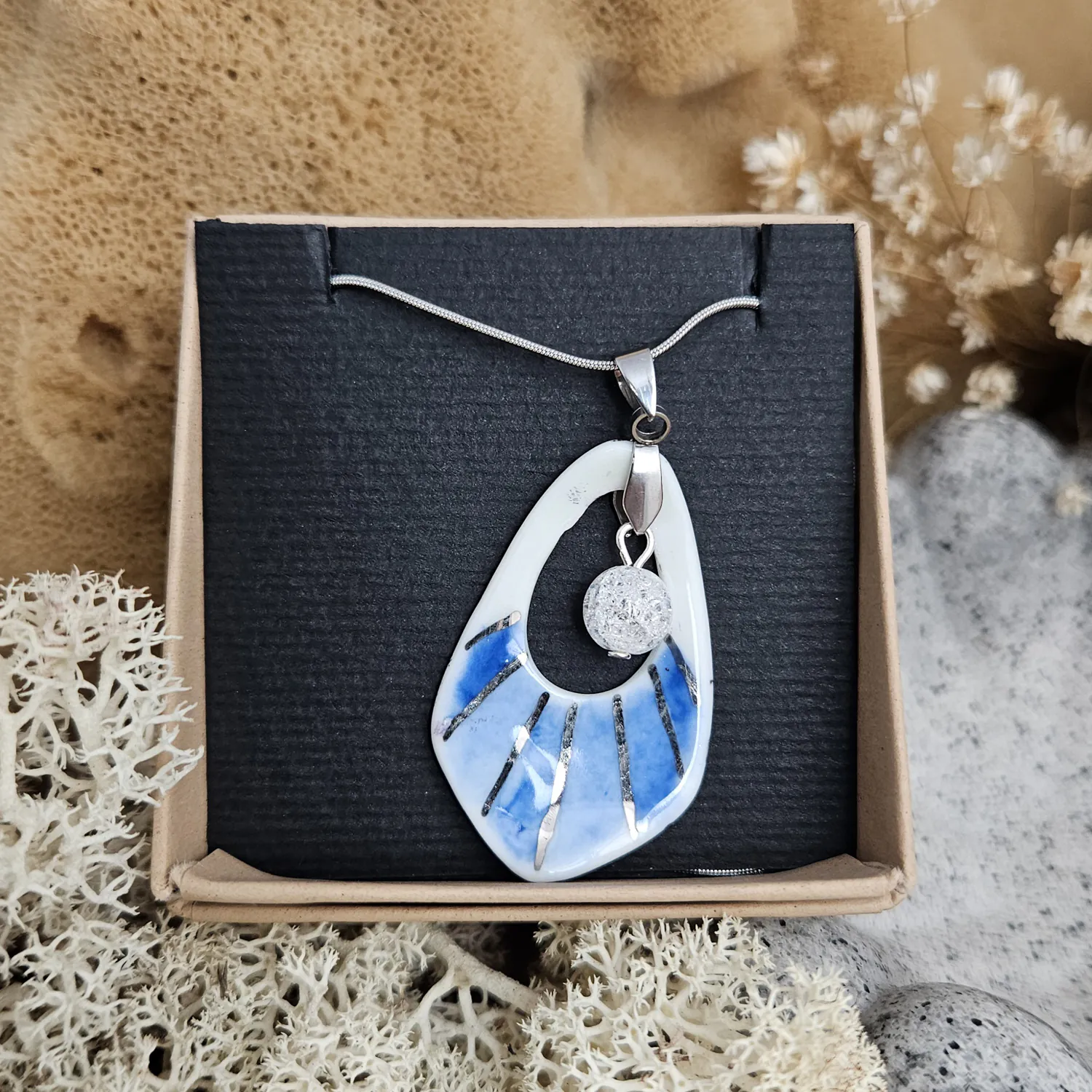 Two-sided blue fine ceramic porcelain designer necklace with ice crystal - hand-painted artisan geometric shell pattern with silver accents (white gold) - Image 5