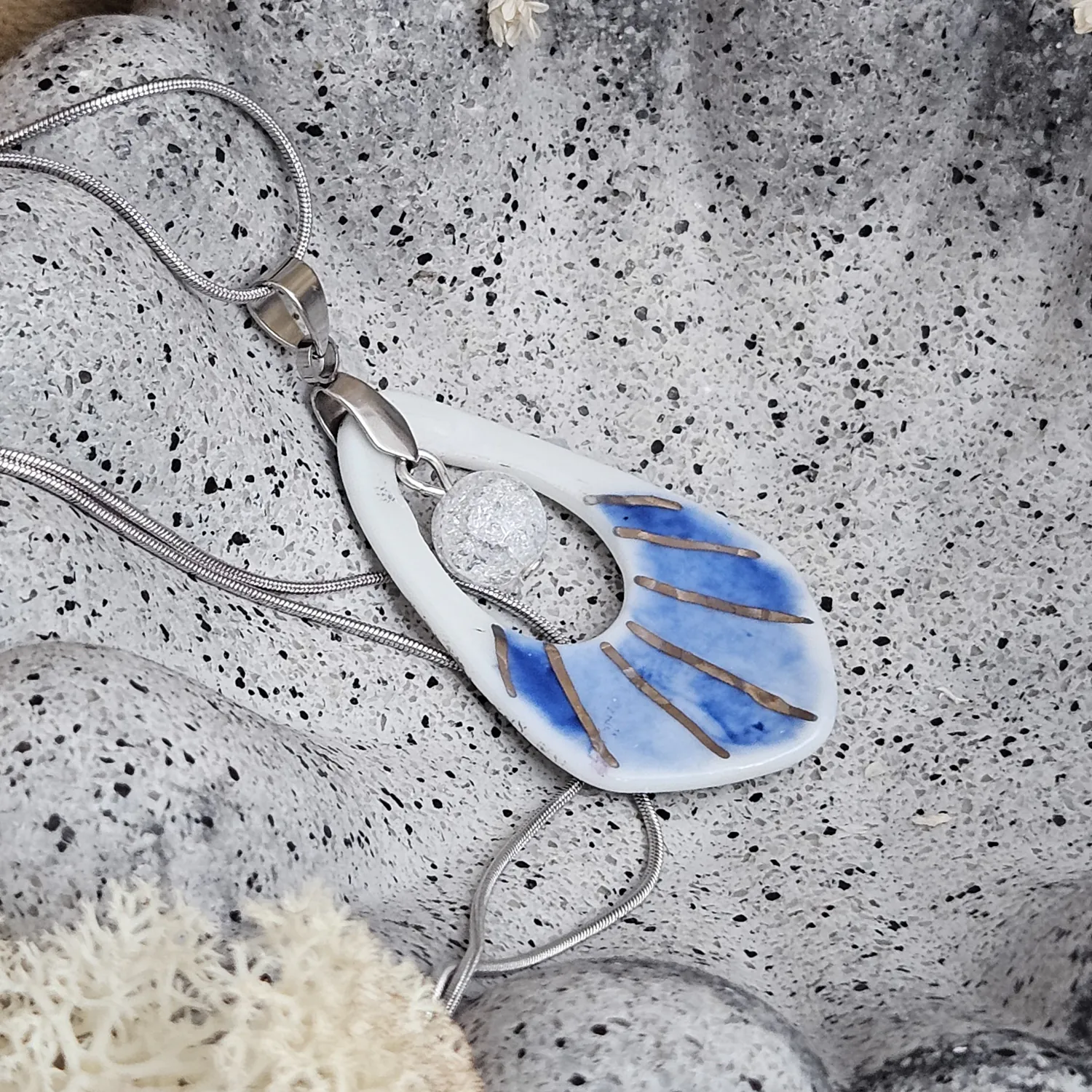 Two-sided blue fine ceramic porcelain designer necklace with ice crystal - hand-painted artisan geometric shell pattern with silver accents (white gold) - Image 7