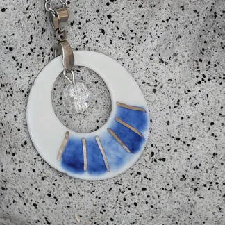 Two-sided blue fine ceramic porcelain designer necklace with ice crystal - hand-painted artisan geometric shell pattern with silver accents (white gold)