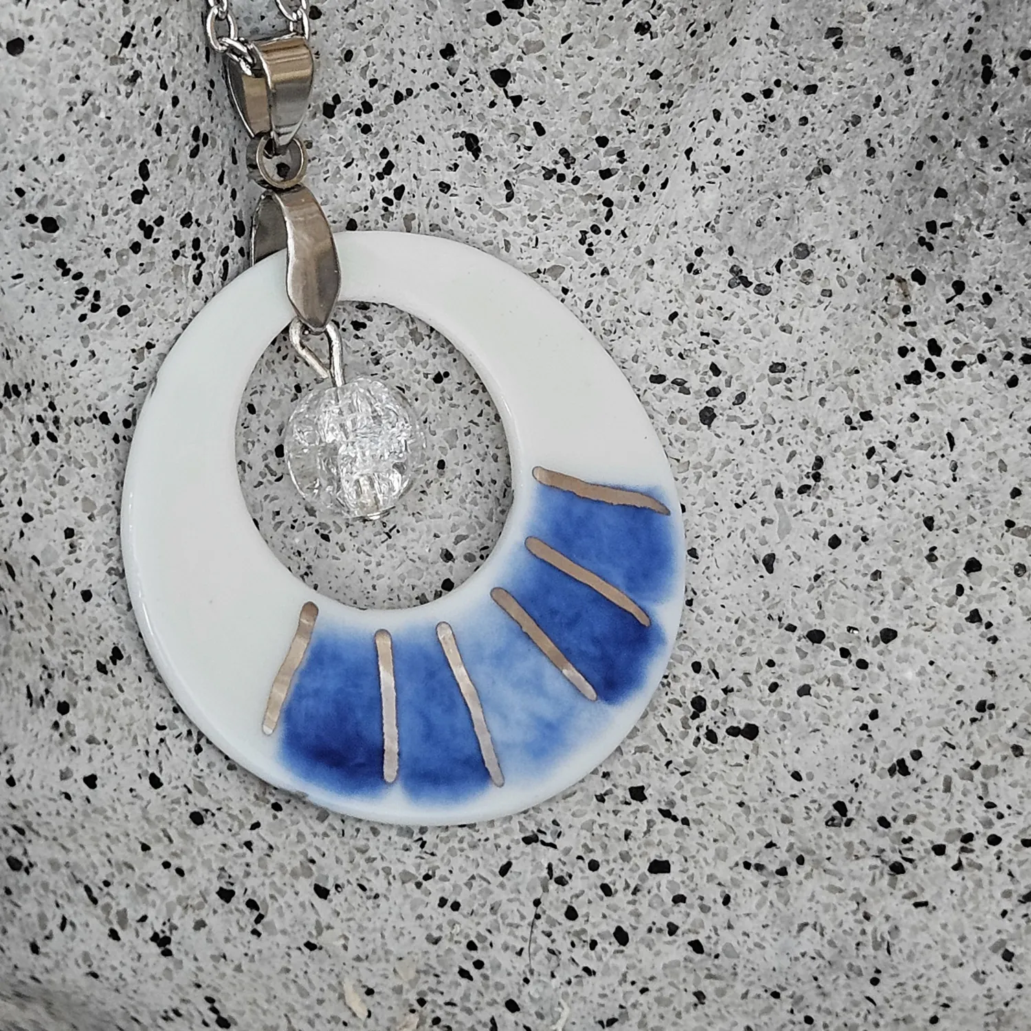 Two-sided blue fine ceramic porcelain designer necklace with ice crystal - hand-painted artisan geometric shell pattern with silver accents (white gold)