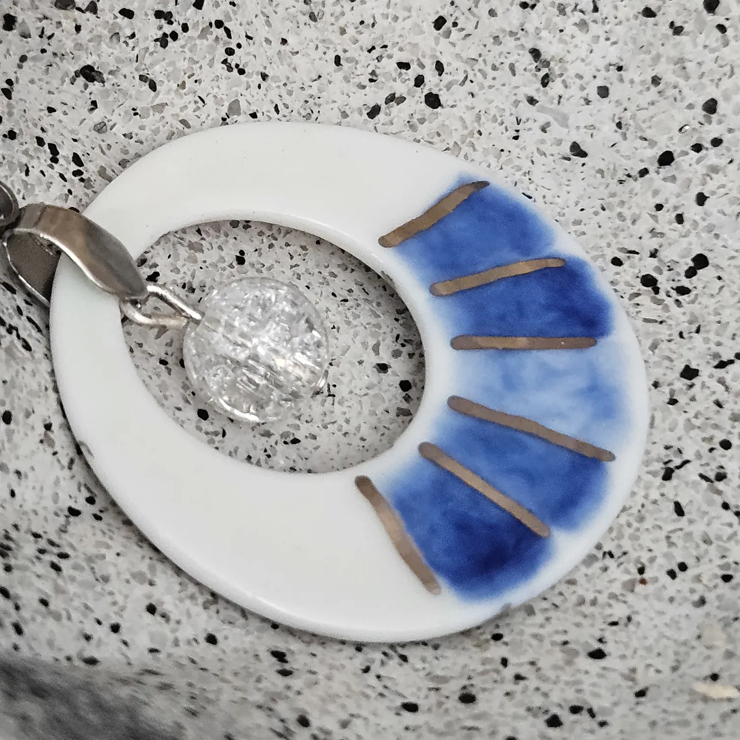 Two-sided blue fine ceramic porcelain designer necklace with ice crystal - hand-painted artisan geometric shell pattern with silver accents (white gold) - Image 2