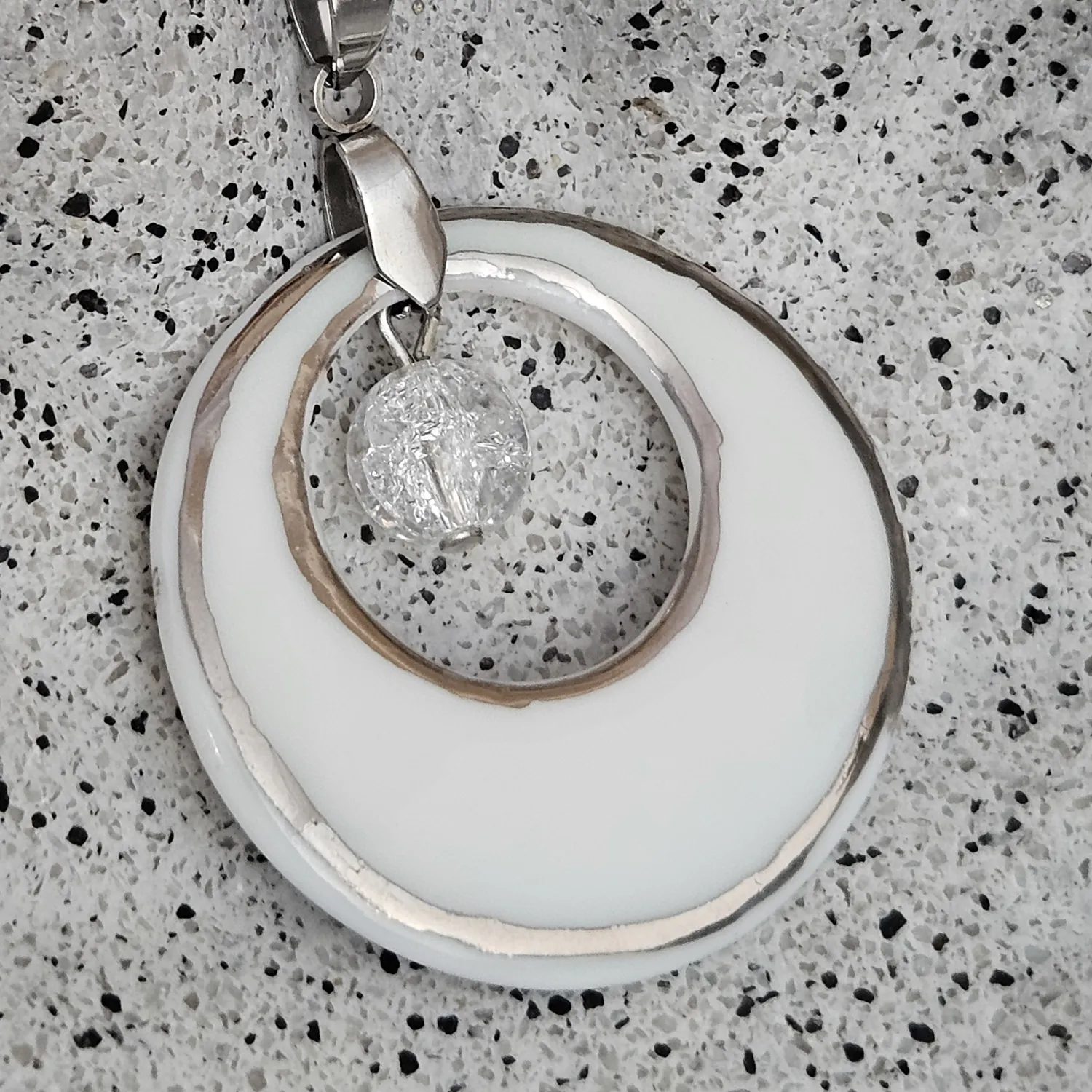 Two-sided blue fine ceramic porcelain designer necklace with ice crystal - hand-painted artisan geometric shell pattern with silver accents (white gold) - Image 3