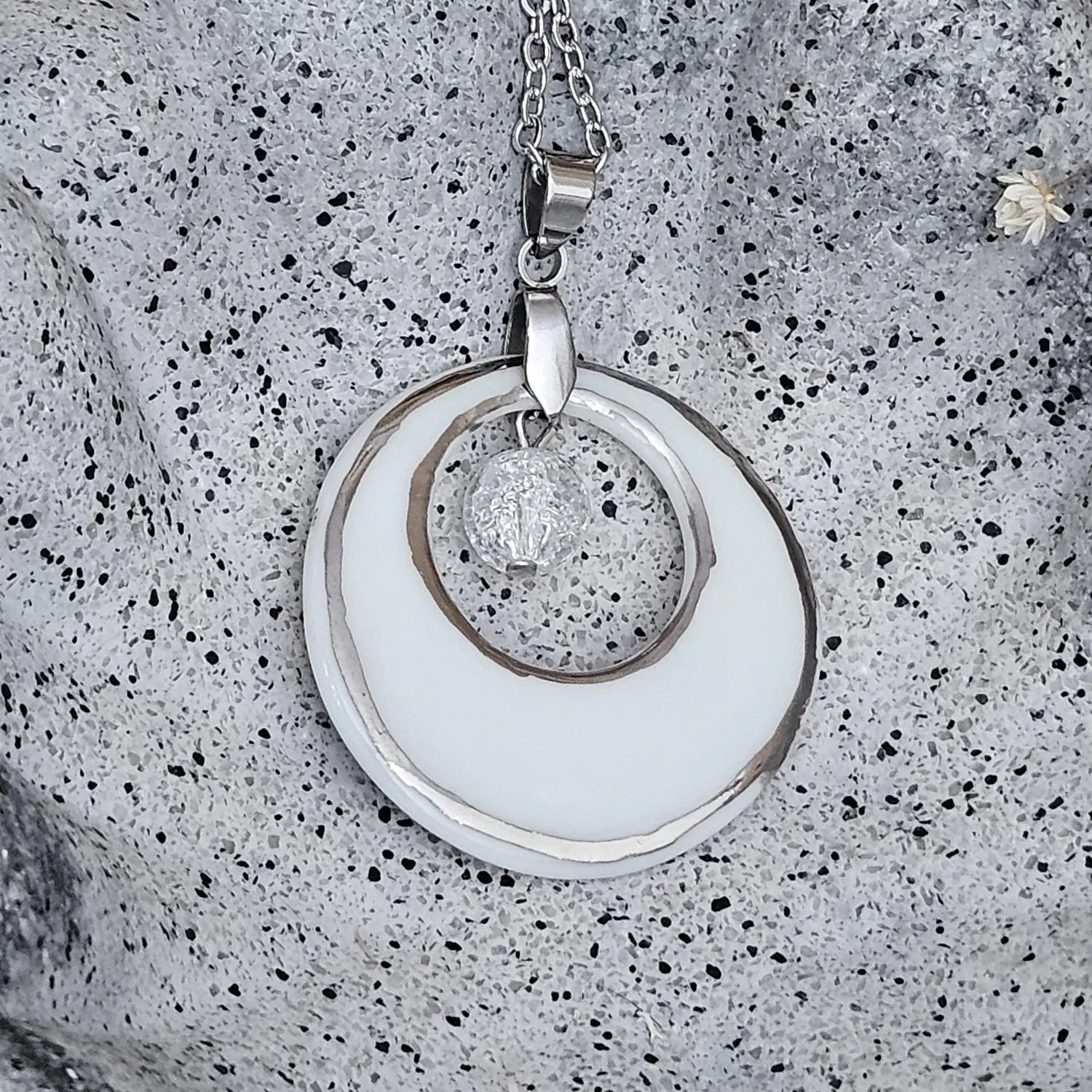 Two-sided blue fine ceramic porcelain designer necklace with ice crystal - hand-painted artisan geometric shell pattern with silver accents (white gold) - Image 4