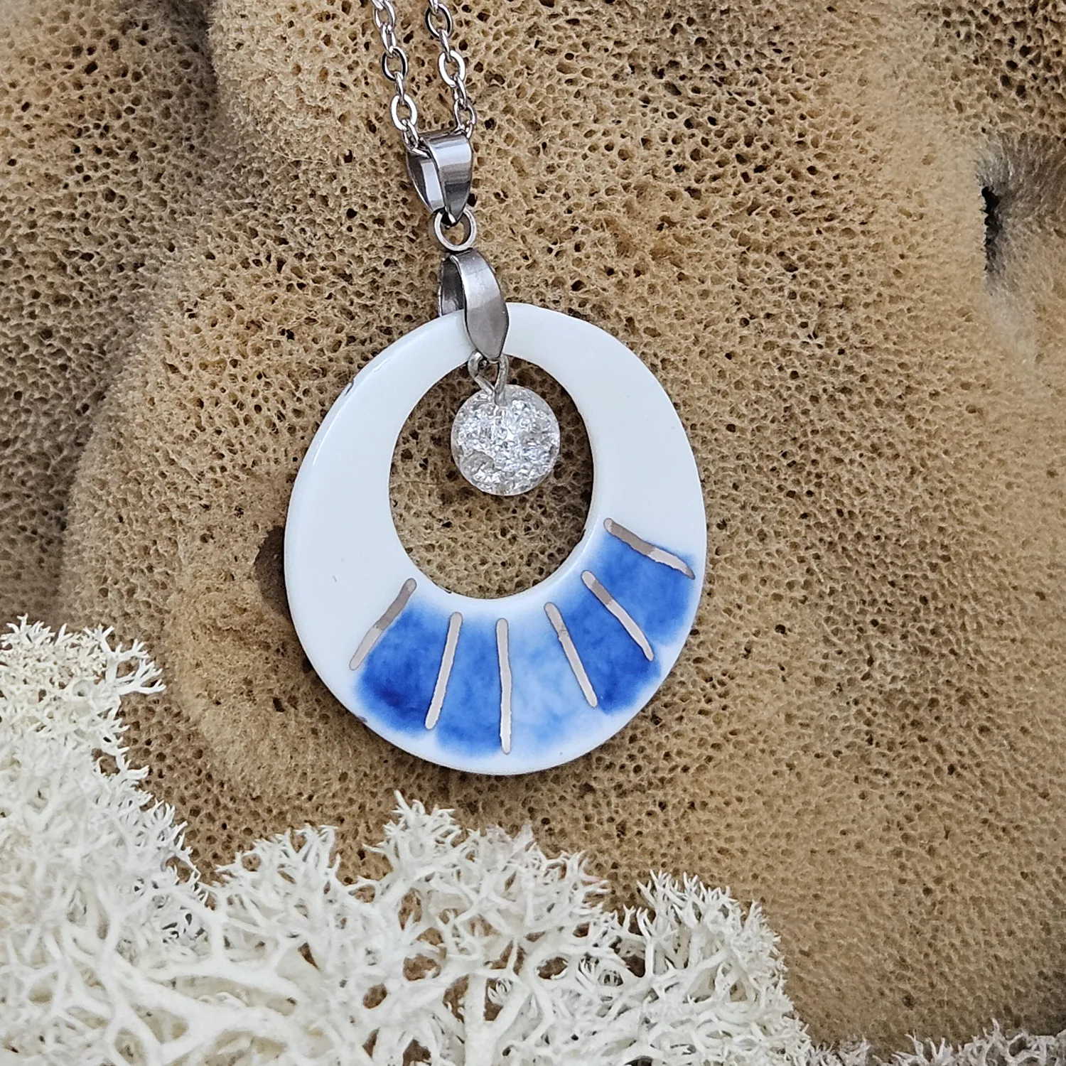 Two-sided blue fine ceramic porcelain designer necklace with ice crystal - hand-painted artisan geometric shell pattern with silver accents (white gold) - Image 5