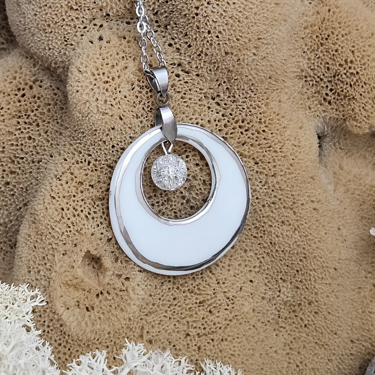 Two-sided blue fine ceramic porcelain designer necklace with ice crystal - hand-painted artisan geometric shell pattern with silver accents (white gold) - Image 6