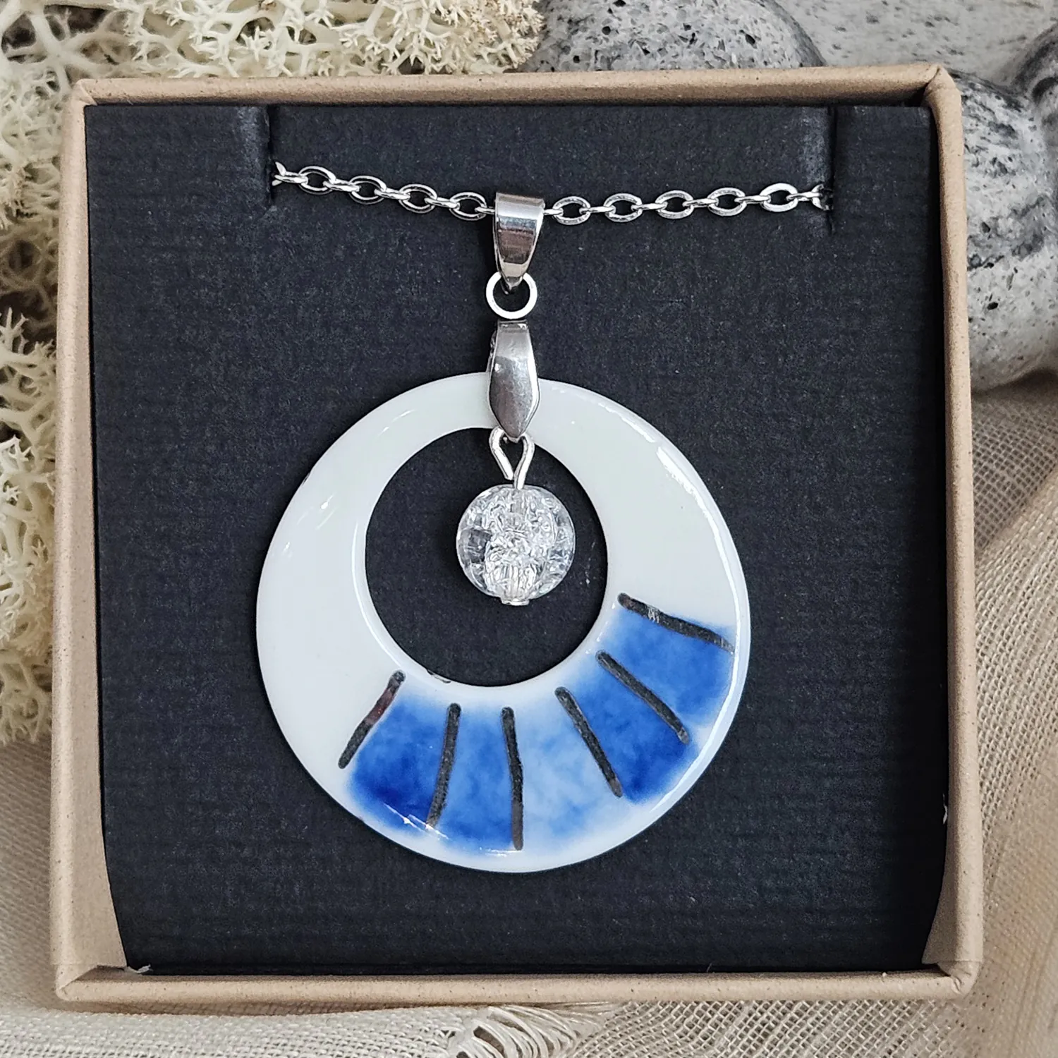 Two-sided blue fine ceramic porcelain designer necklace with ice crystal - hand-painted artisan geometric shell pattern with silver accents (white gold) - Image 7