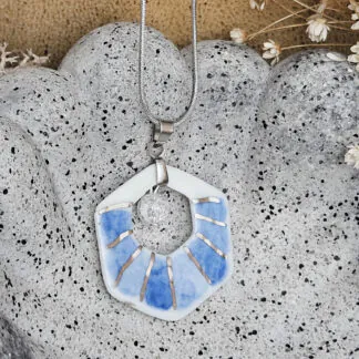 Two-sided blue fine ceramic porcelain designer necklace with ice crystal - hand-painted artisan geometric shell pattern with silver accents (white gold)