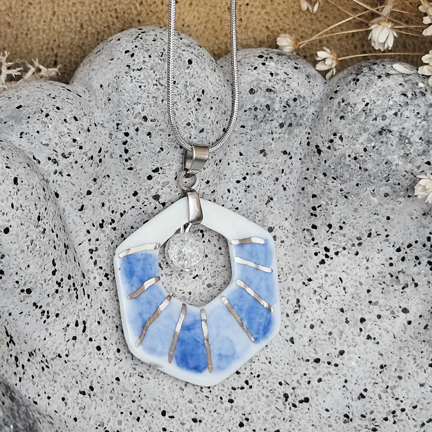Two-sided blue fine ceramic porcelain designer necklace with ice crystal - hand-painted artisan geometric shell pattern with silver accents (white gold)