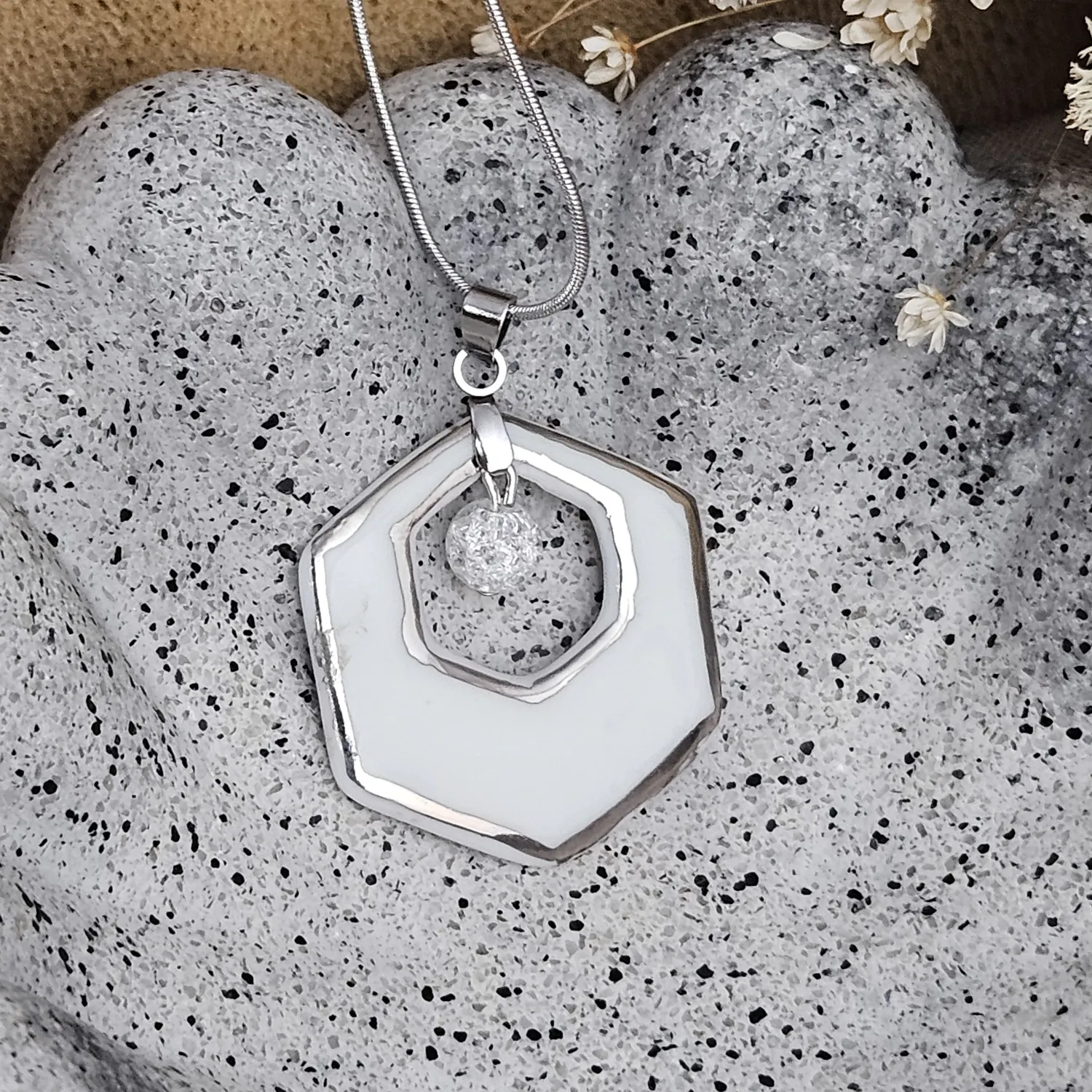 Two-sided blue fine ceramic porcelain designer necklace with ice crystal - hand-painted artisan geometric shell pattern with silver accents (white gold) - Image 2