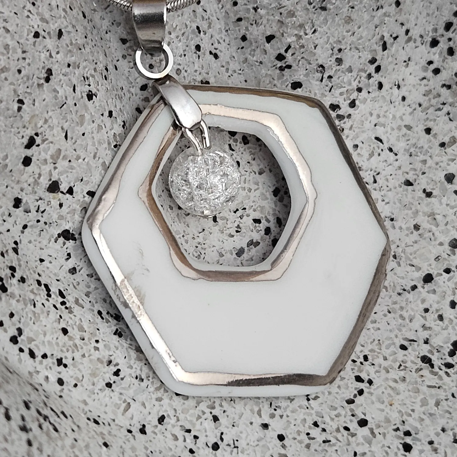 Two-sided blue fine ceramic porcelain designer necklace with ice crystal - hand-painted artisan geometric shell pattern with silver accents (white gold) - Image 3