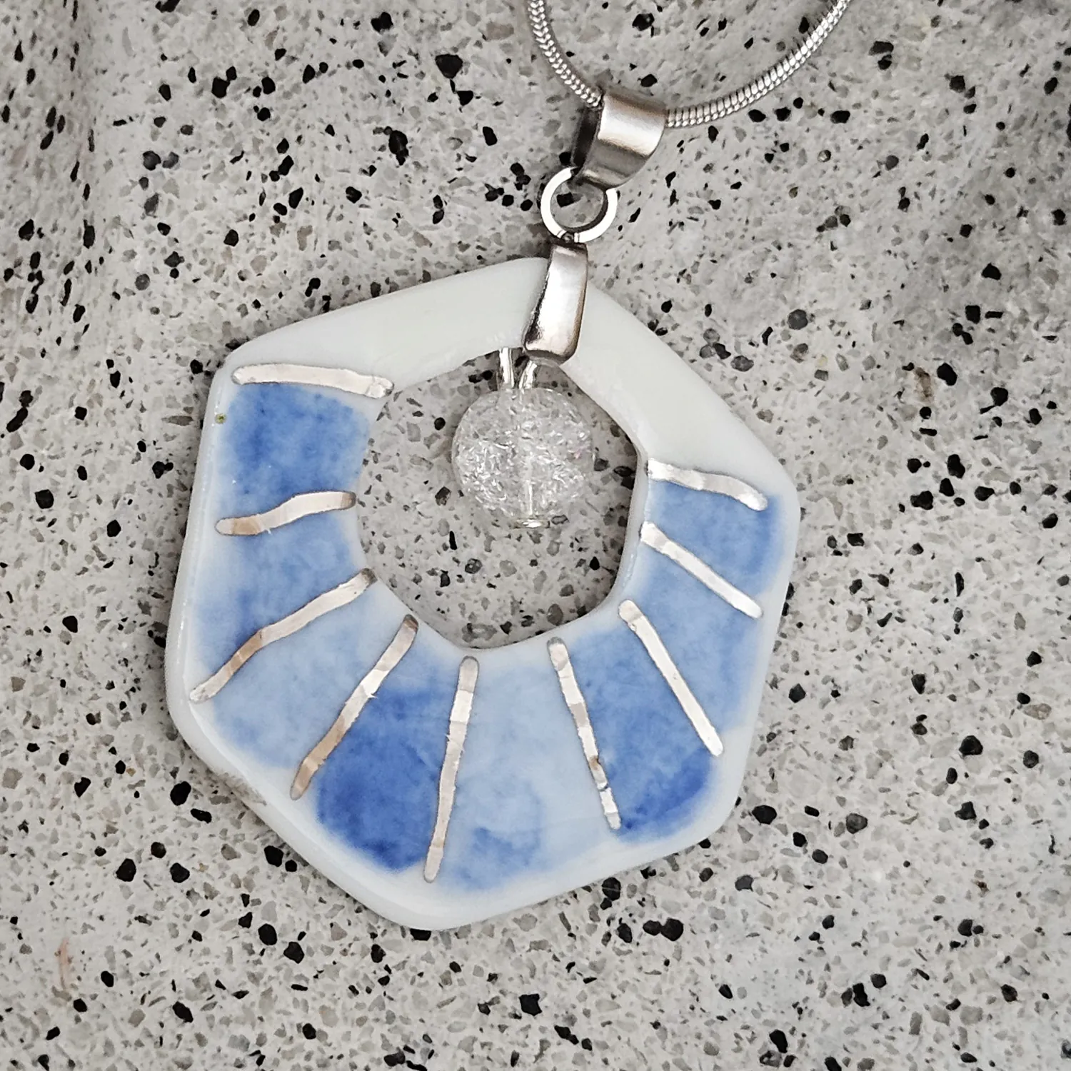 Two-sided blue fine ceramic porcelain designer necklace with ice crystal - hand-painted artisan geometric shell pattern with silver accents (white gold) - Image 4