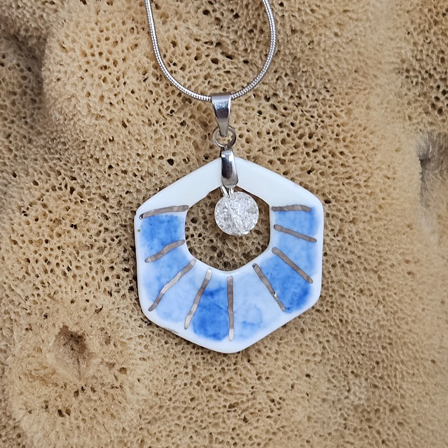 Two-sided blue fine ceramic porcelain designer necklace with ice crystal - hand-painted artisan geometric shell pattern with silver accents (white gold) - Image 5