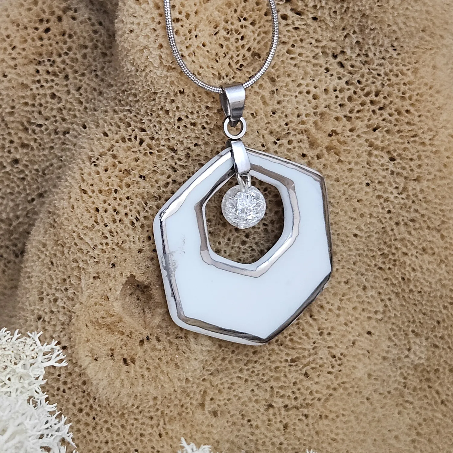 Two-sided blue fine ceramic porcelain designer necklace with ice crystal - hand-painted artisan geometric shell pattern with silver accents (white gold) - Image 6
