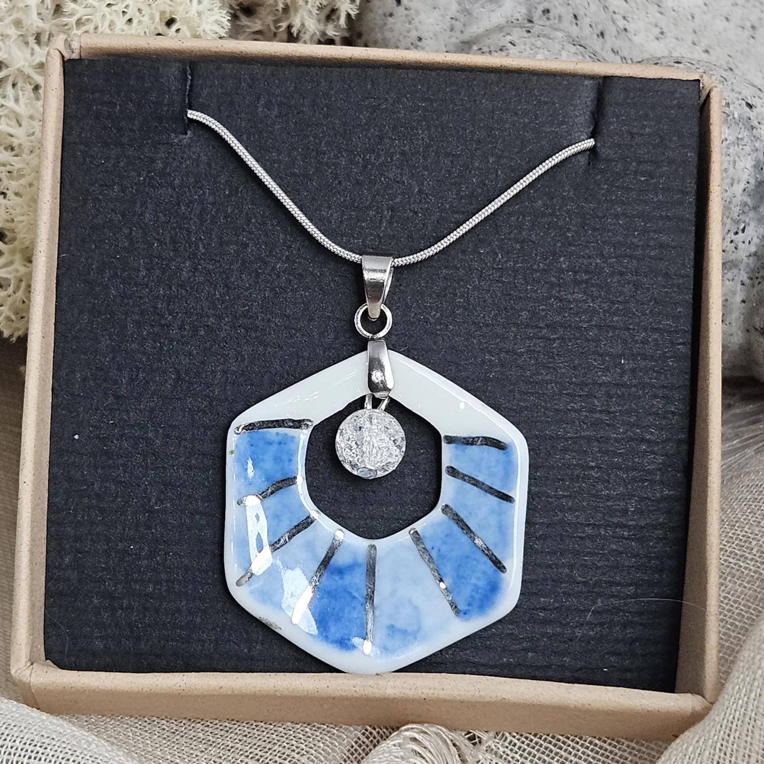 Two-sided blue fine ceramic porcelain designer necklace with ice crystal - hand-painted artisan geometric shell pattern with silver accents (white gold) - Image 7