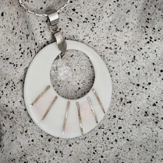 Two-sided pink fine ceramic porcelain designer necklace with ice crystal - hand-painted artisan geometric shell pattern with silver accents (white gold)