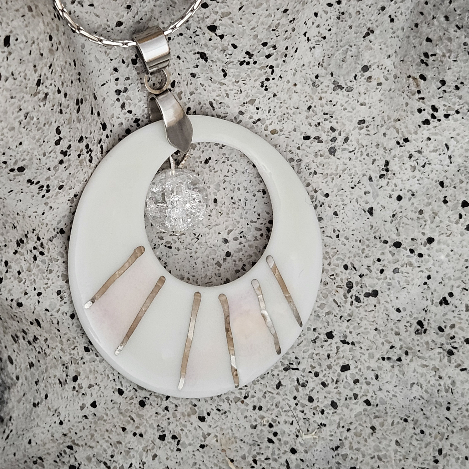 Two-sided pink fine ceramic porcelain designer necklace with ice crystal - hand-painted artisan geometric shell pattern with silver accents (white gold)