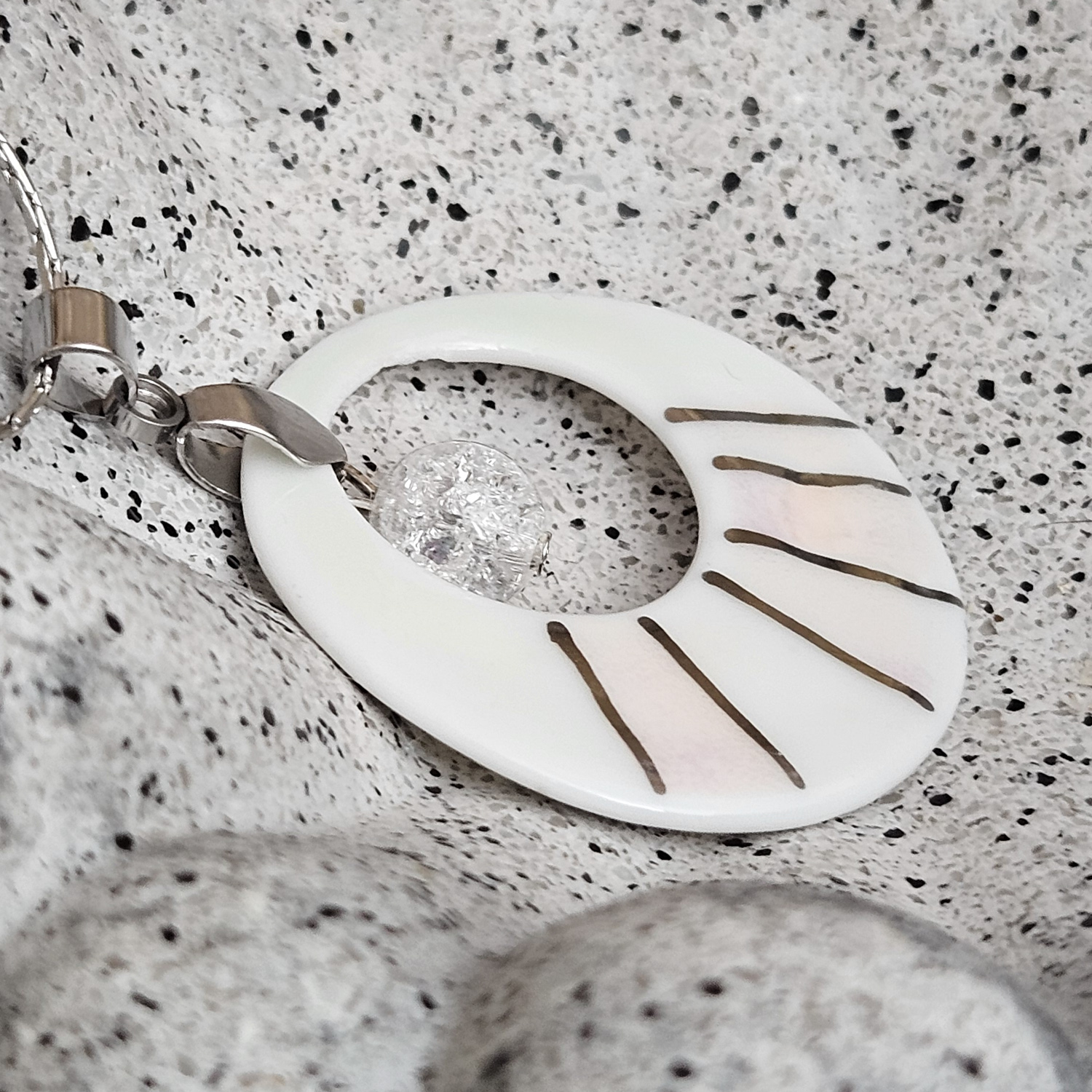 Two-sided pink fine ceramic porcelain designer necklace with ice crystal - hand-painted artisan geometric shell pattern with silver accents (white gold) - Image 2