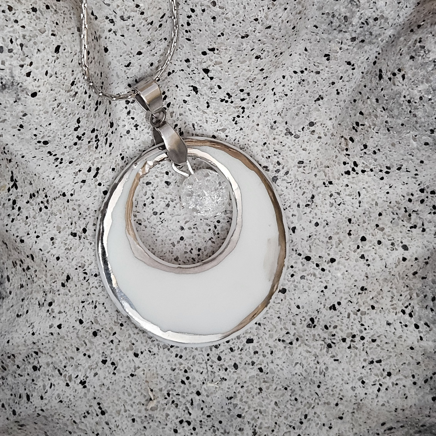 Two-sided pink fine ceramic porcelain designer necklace with ice crystal - hand-painted artisan geometric shell pattern with silver accents (white gold) - Image 3