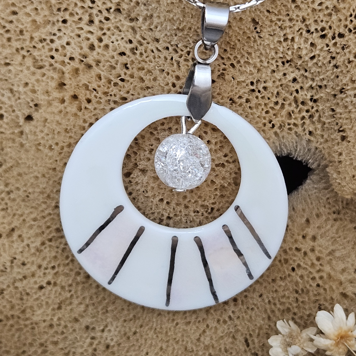 Two-sided pink fine ceramic porcelain designer necklace with ice crystal - hand-painted artisan geometric shell pattern with silver accents (white gold) - Image 4