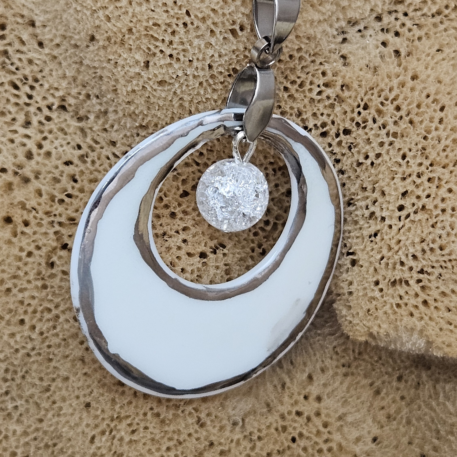 Two-sided pink fine ceramic porcelain designer necklace with ice crystal - hand-painted artisan geometric shell pattern with silver accents (white gold) - Image 5