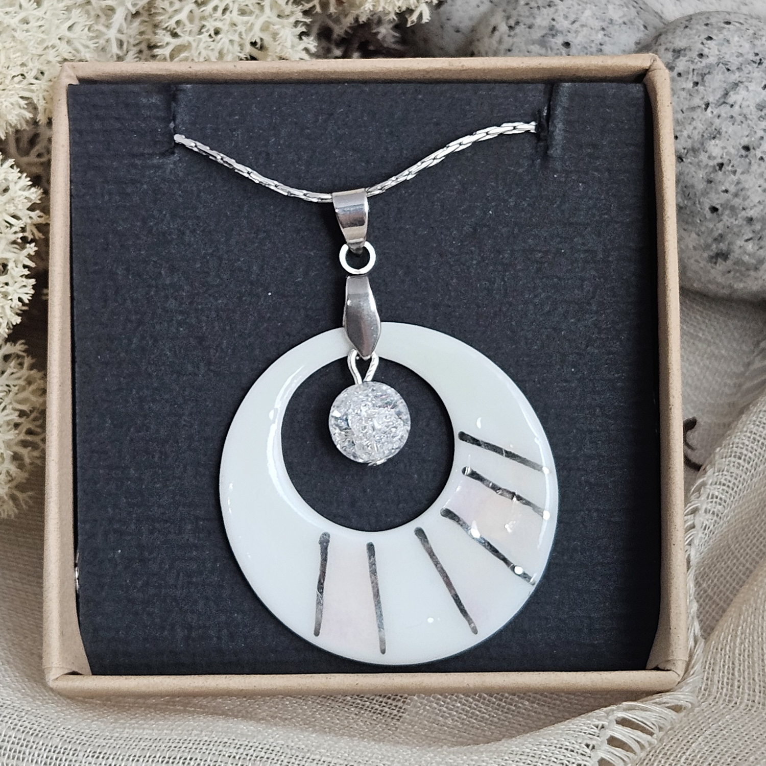 Two-sided pink fine ceramic porcelain designer necklace with ice crystal - hand-painted artisan geometric shell pattern with silver accents (white gold) - Image 6