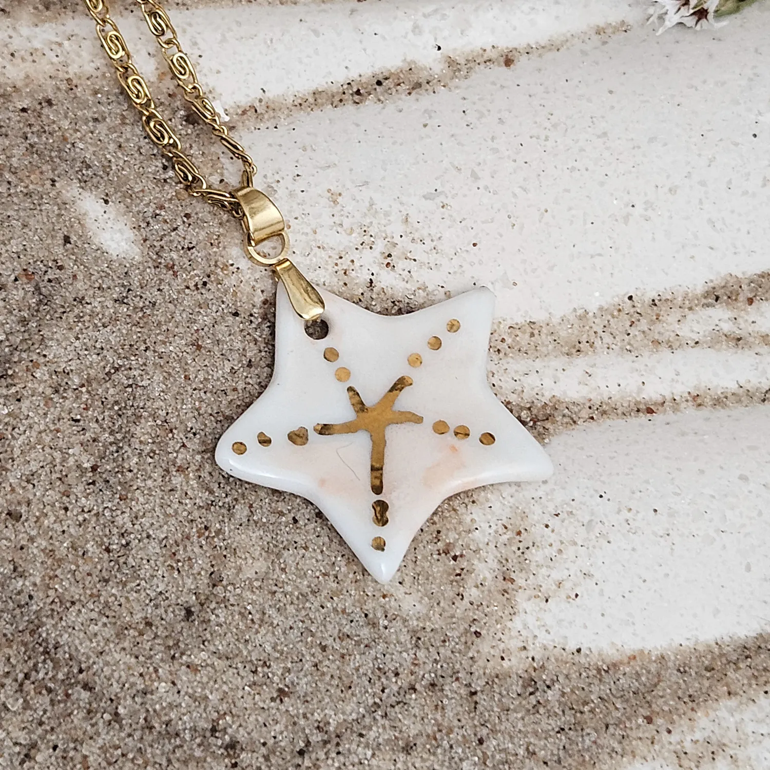 Rose pink fine ceramic porcelain designer necklace - hand-painted artisan starfish with 22k gold plating