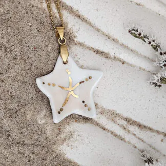 Rose pink fine ceramic porcelain designer necklace - hand-painted artisan starfish with 22k gold plating