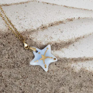Cobalt blue fine ceramic porcelain designer necklace - hand-painted artisan starfish with 22k gold plating