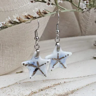 Cobalt blue fine ceramic porcelain dangle designer earrings - hand-painted artisan starfish with silver accents (white gold)