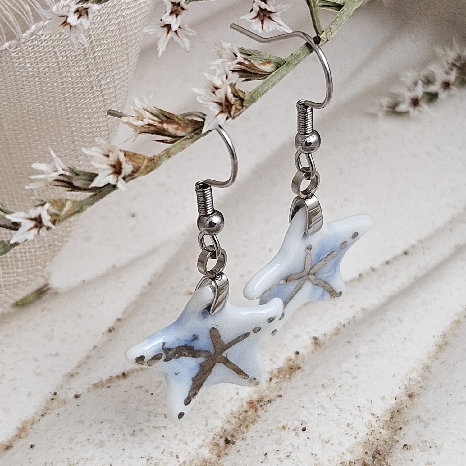Cobalt blue fine ceramic porcelain dangle designer earrings - hand-painted artisan starfish with silver accents (white gold) - Image 2