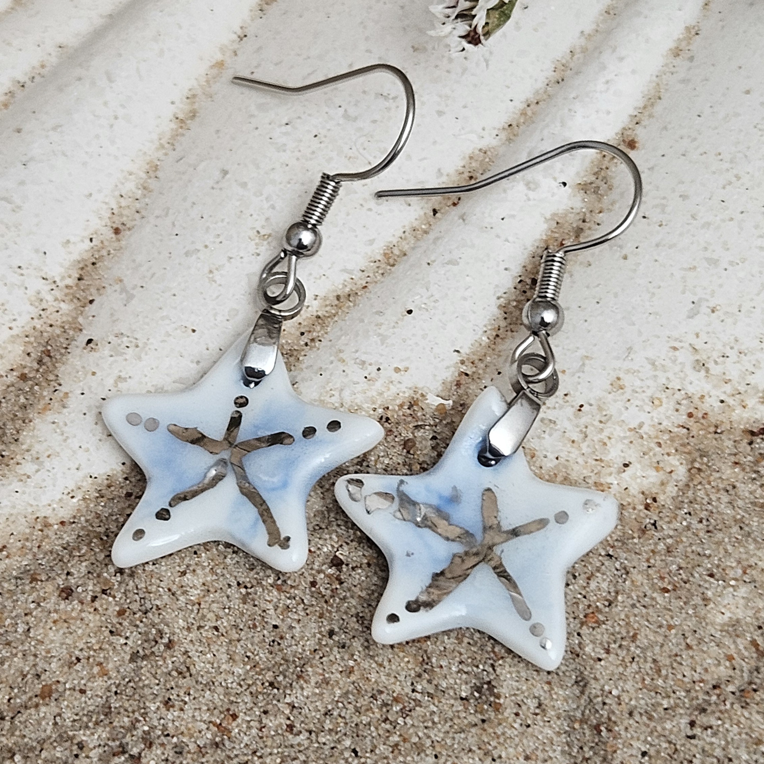Cobalt blue fine ceramic porcelain dangle designer earrings - hand-painted artisan starfish with silver accents (white gold) - Image 3