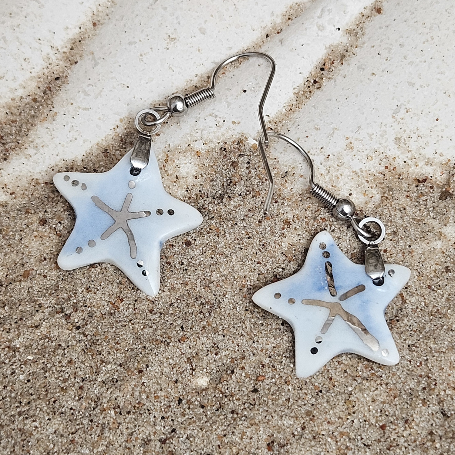 Cobalt blue fine ceramic porcelain dangle designer earrings - hand-painted artisan starfish with silver accents (white gold) - Image 4