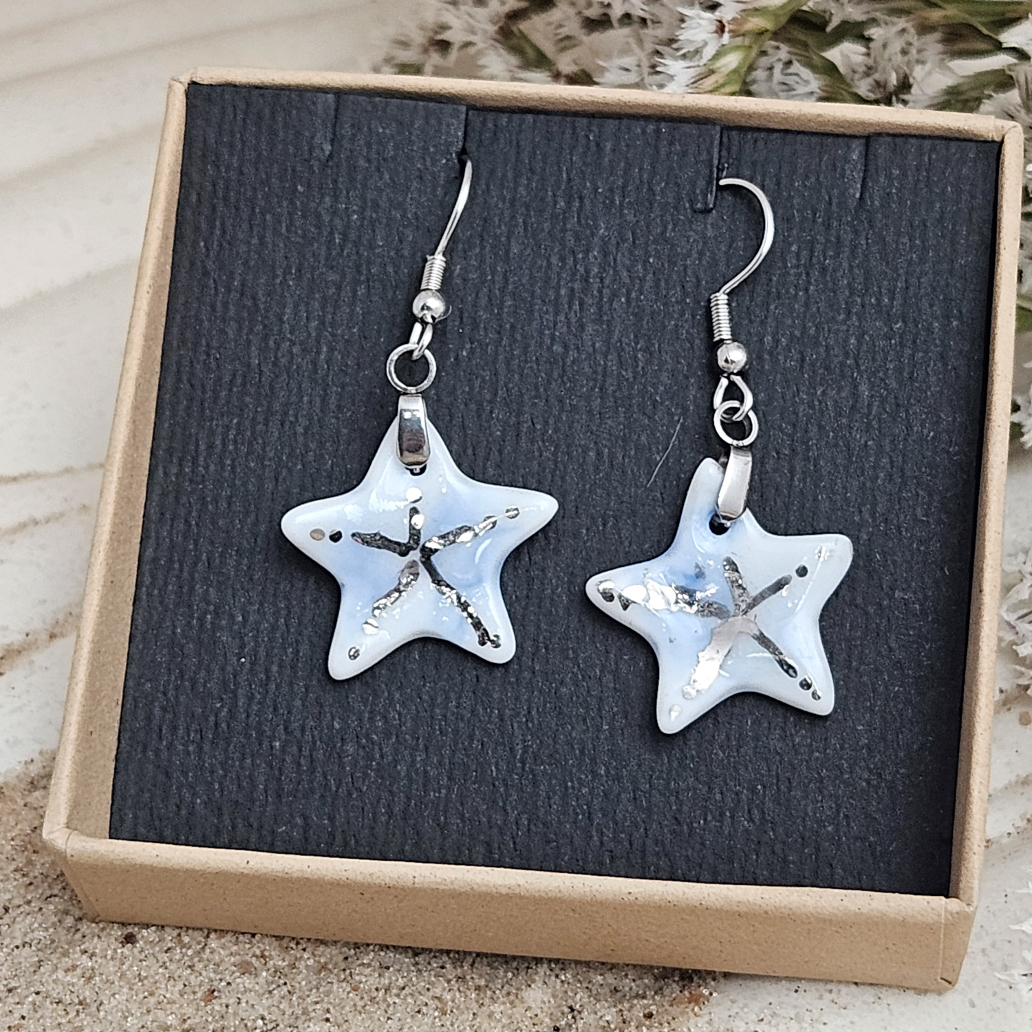 Cobalt blue fine ceramic porcelain dangle designer earrings - hand-painted artisan starfish with silver accents (white gold) - Image 5