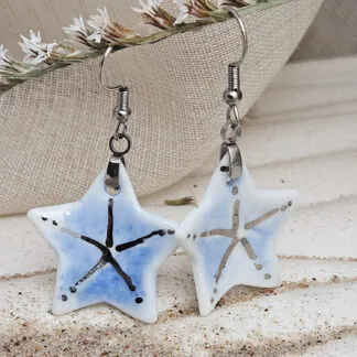 Cobalt blue fine ceramic porcelain dangle designer earrings - hand-painted artisan starfish with silver accents (white gold)