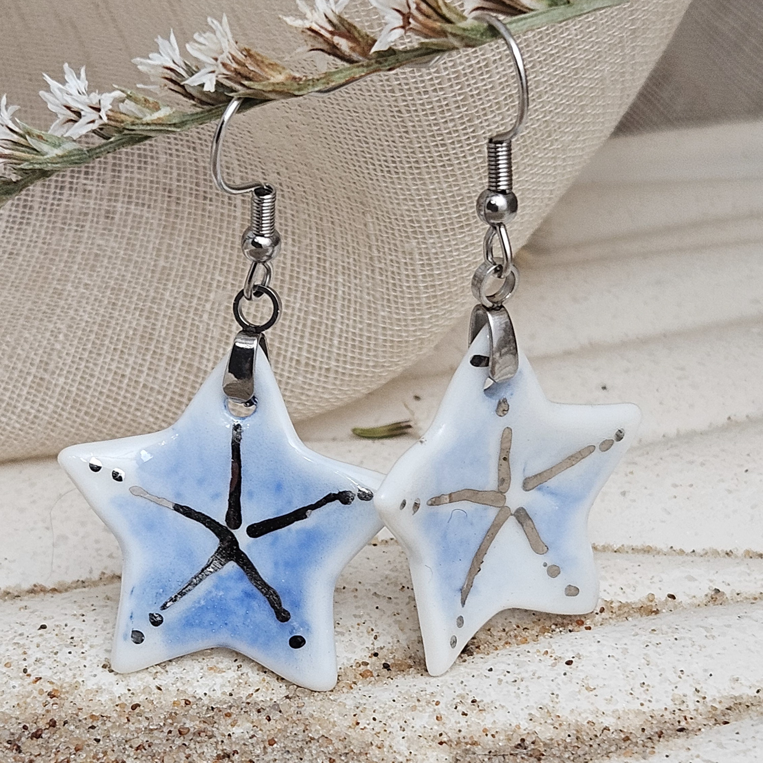Cobalt blue fine ceramic porcelain dangle designer earrings - hand-painted artisan starfish with silver accents (white gold)